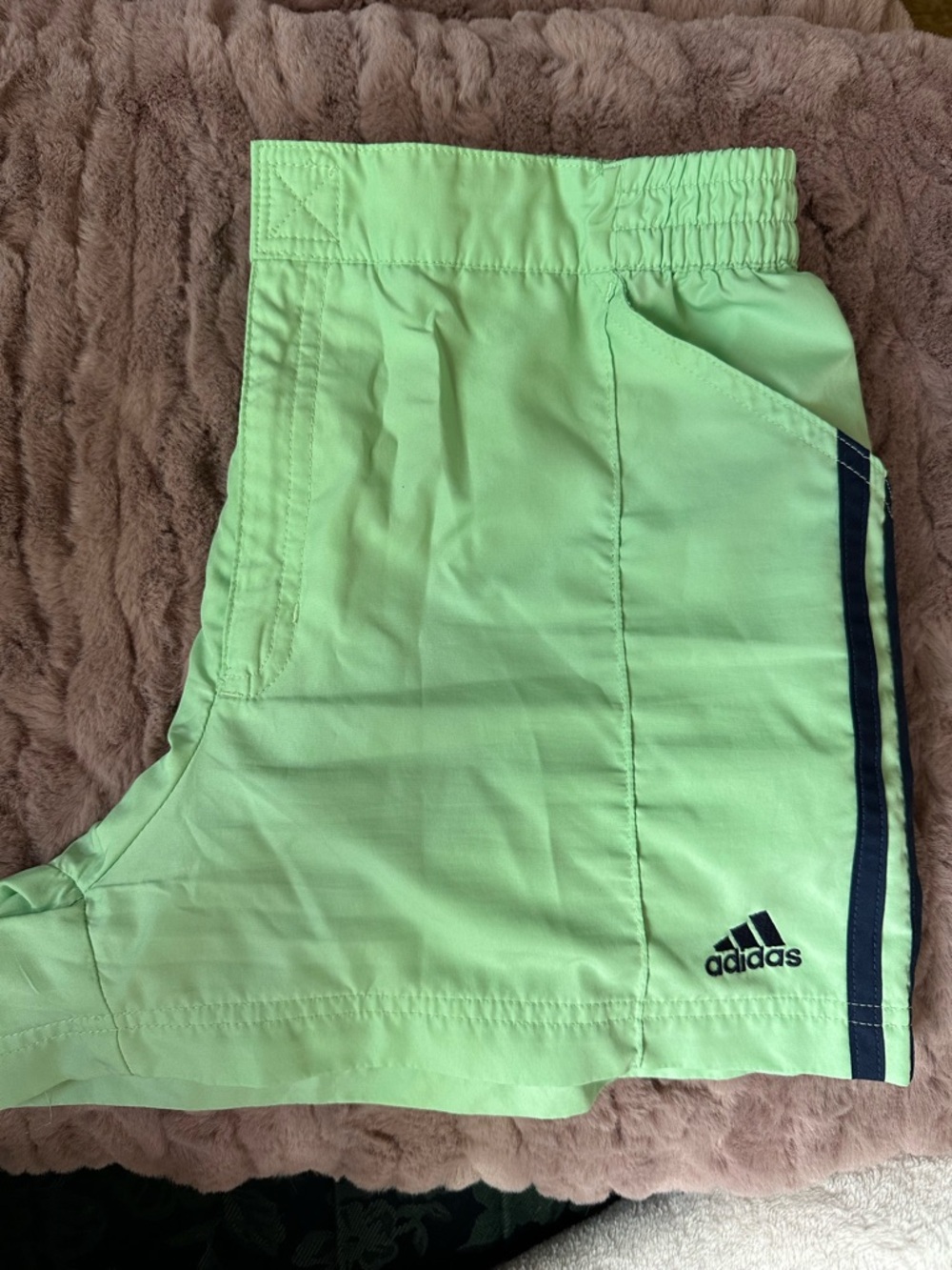 Adidas - Women’s  Lime Green Athletic Shorts with Navy Side Stripe